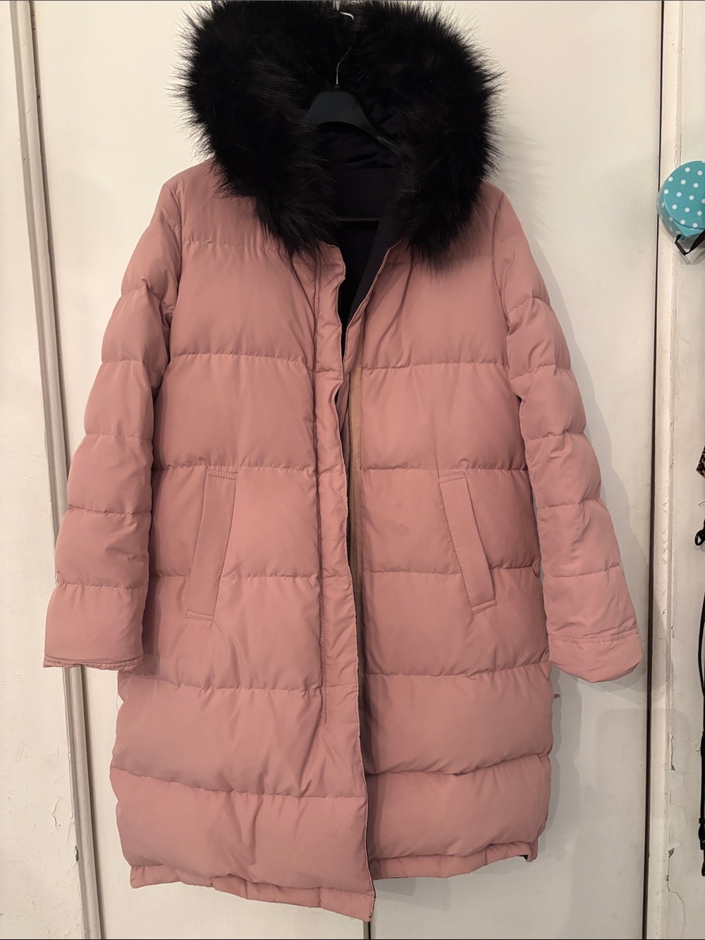 Zara reversible Dusty Pink Puffer Coat with Black Faux Fur Hood